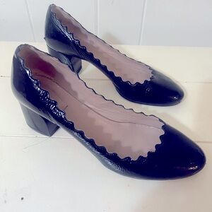 Chloe Lauren Scalloped Patent Leather Block Heel Pumps.